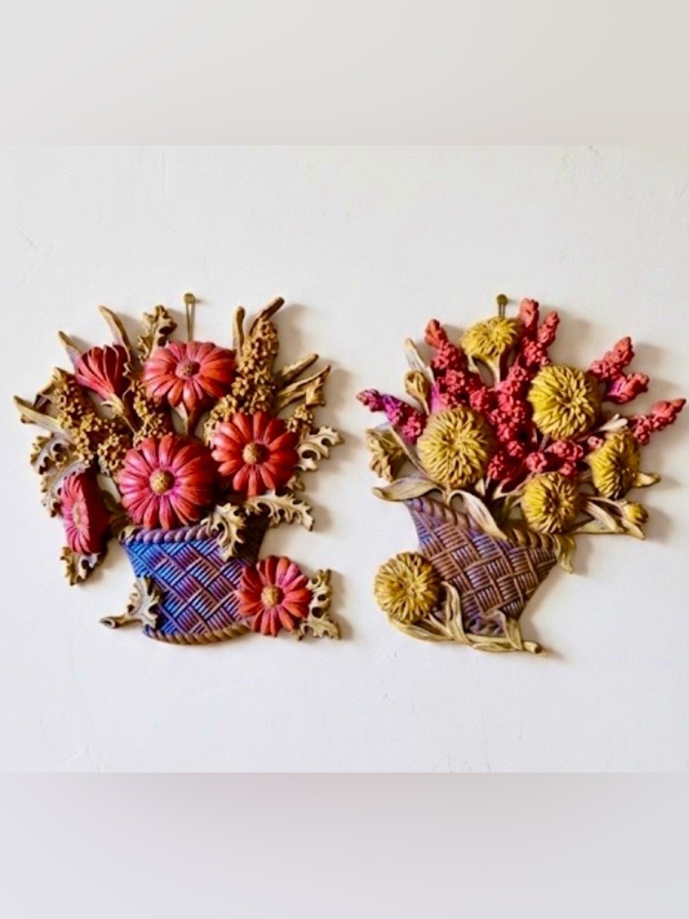 1977 Burwood Vintage Floral Wall Plaques with Red and Yellow Flowers